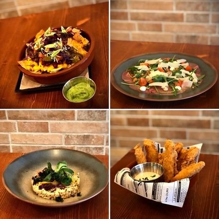 Cuatro entrantes de la carta: nachos, ensalada, roast beef y chicken fingers.